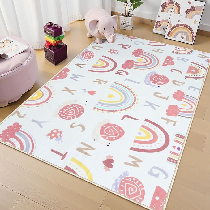 LIVEBOX Rainbow Kids Rug-3x5 Playroom Nursery ABC Educational Carpet,Washable Non Slip Soft Low Pile Area Rug for Bedroom,Preschool Classroom (Pink)