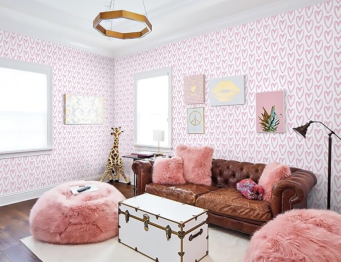 Timeet 17.7In x 196.8In Pink Wallpaper Heart Wall Paper Peel and Stick Modern Self Adhesive Removable Contact Paper Cabinets Wallpaper for Bedroom Kids Room Eco-Friendly Wallpapers
