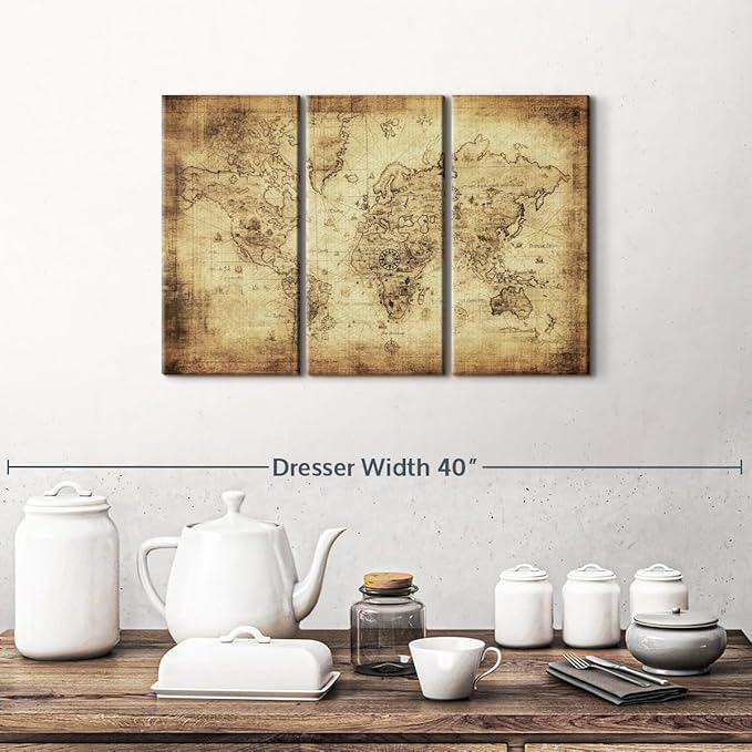 ElephantStock Ancient World Map Wall Art Multi Piece Canvas - 3 Piece Canvas World Map Wall Decor - Wall Decor - Ready-to-Hang Print - Vintage Wall Art - 23" X 14"