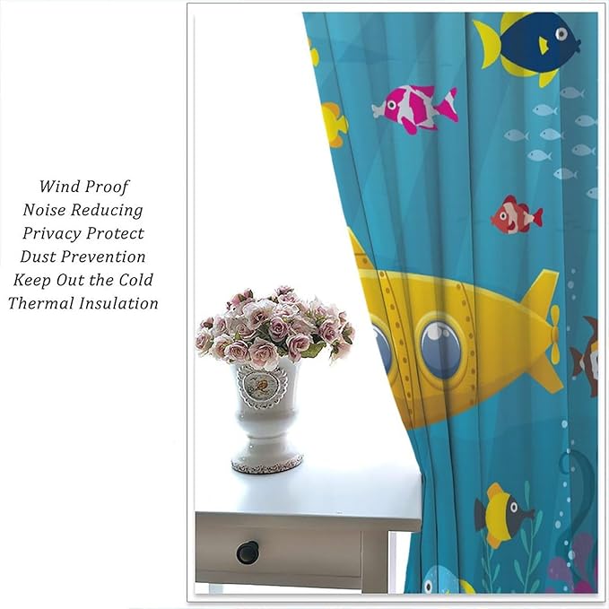 Boy Window Curtains Submarine Window Drapes Yacht Window Treatments Underwater World Oasis Thermal Drapes for Kids Girls Toddler Teens Room Dorm Decor Set 2 Panels,63x72 Inches, Style-1