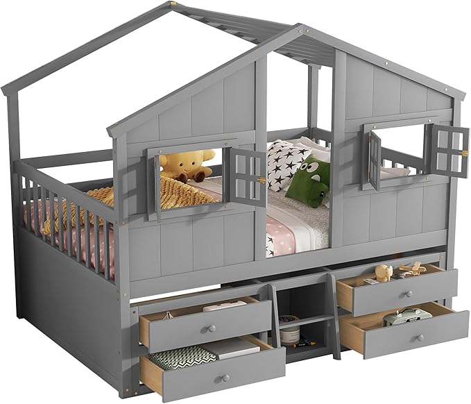Harper & Bright Designs Full Size House Loft Bed with 4 Storage Drawers, Low House Montessori Bed with Roof and Windows, Safety Guardrails for Kids, Girls, Boys, Grey