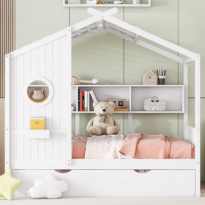 Merax Wood Full Multifunctional Montessori Daybed with Trundle/Storge Shelves, Low House Bed for Kids Boys Girls,Easy Assemble, White