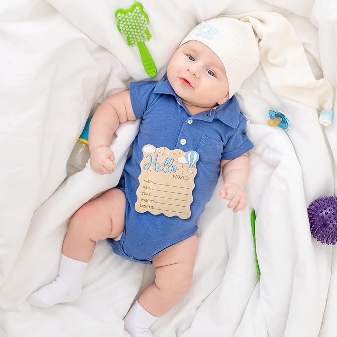 Baby Announcement Sign,Wooden Hello World Newborn Signs Birth Announcement Sign and Pen for Baby Shower Hospital Nursery Newborn Boys and Girls (Blue)