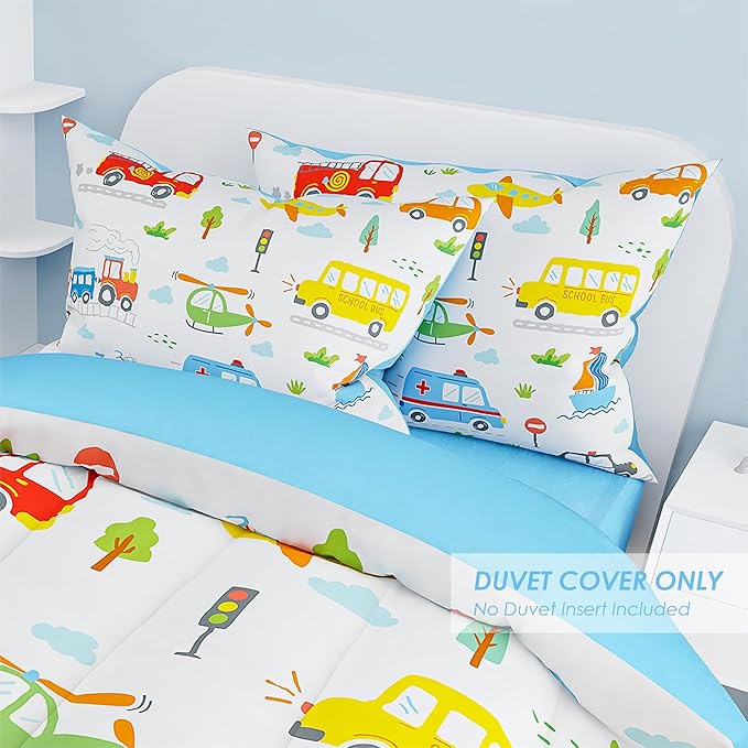 SANDJEST Transportation Duvet Cover Sets Full Size for Kids Boys, Incude 1 Polyester Comforter Cover 80x90 Inches and 2 Pillowcases 20x26 Inches, Comforter Not Included, Gift for Christmas Birthday