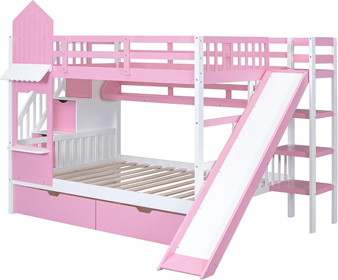 Full-Over-Full Castle Style Bunk Bed with 2 Drawers and 3 Shelves, Wood Bunk Bed Frame with Slide and Storage Staircase for Kids Teens Boys Girls, Maximize Space Savings