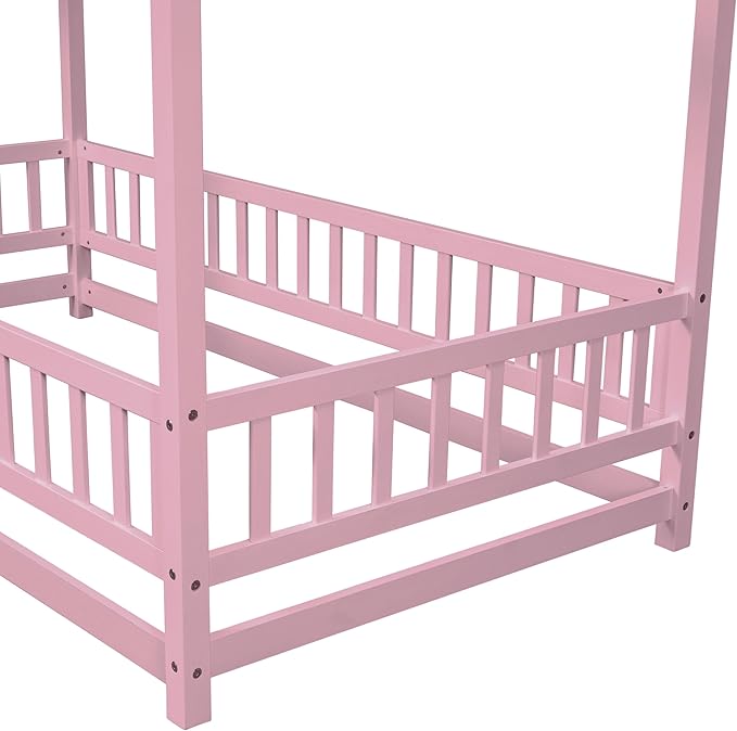 Twin Size House Bed Frame for Kids,Wooden Montessori Floor Bed with Fence and Roof,Floor Bed Frame Twin Size for Girls,Boys(Twin,Pink)