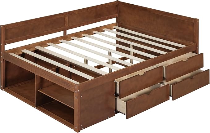Full Size Daybed with 4 Storage Drawers and Shelves, Wooden Full Platform Bed Frame with L-Shaped Headboard and Slats Support, Corner Bed Full Captain Beds for Kids Boys Girls Teens, Walnut