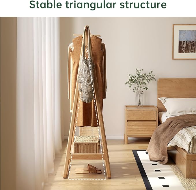 Solid Oak Wood Clothes Rack, Garment Rack with Shelves, Wooden Clothing Rack for Bedroom, Living Room, Entryway, 19" x 24" x 59", Natural