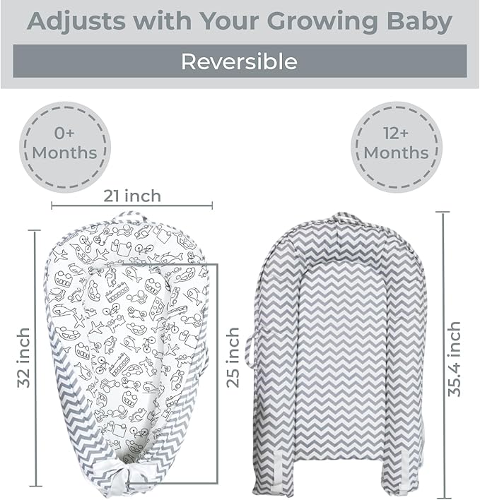 Baby Lounger | Organic Cotton Infant Lounger | Reversible, Adjustable & Portable Floor Lounger |Supervised Use | Soft, Breathable, Washable Cover - Star Collection (Travel Gray)