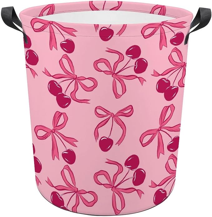 Pink Laundry Basket Cherry Decor Bow Laundry Hamper Clothes Toy Storage Bin for Bedroom Bathroom