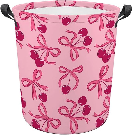 Pink Laundry Basket Cherry Decor Bow Laundry Hamper Clothes Toy Storage Bin for Bedroom Bathroom