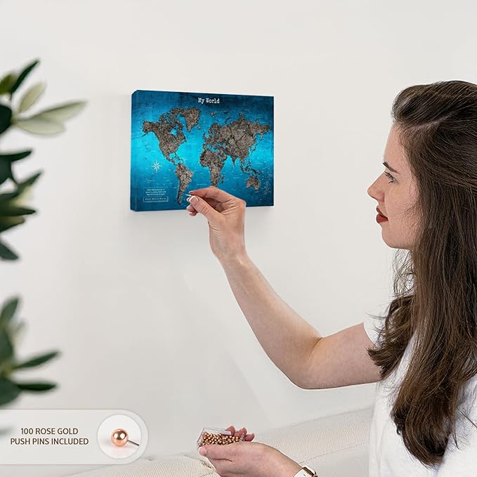 ElephantStock - My World Push Pin Travel Map Iii Wall Art - Horizontal Canvas Wall Art - Living Room Wall Decor - Digital Art Map Canvas Art - Turquoise And Blue Decor - 12" x 8"