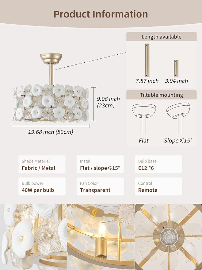 20" Gold Fandelier Ceiling Fan with Light, Caged Flower Chandelier Ceiling Fans with Lights Remote Control, Mid-Century Modern with 6 Speeds for Bedroom, Nursery