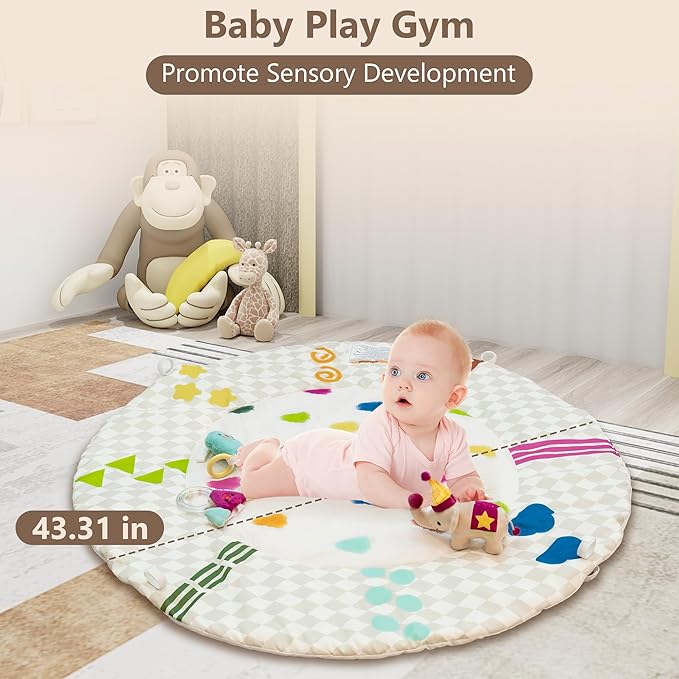 Bella’s Friends Baby Play Gym Mat, Stage-Based Developmental Tummy Time Mat, Wooden Activity Center for Baby with 4 Detachable Sensory Toys and Reversible Mat, Baby Essentials Gifts for Newborn Infant