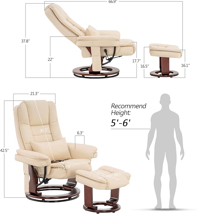 MCombo Swivel Recliner with Ottoman Chair, TV Chair Sets with Vibration Massage, for Small Space Living Room Bedroom 9096 9099 (Faux Leather, Cream White)