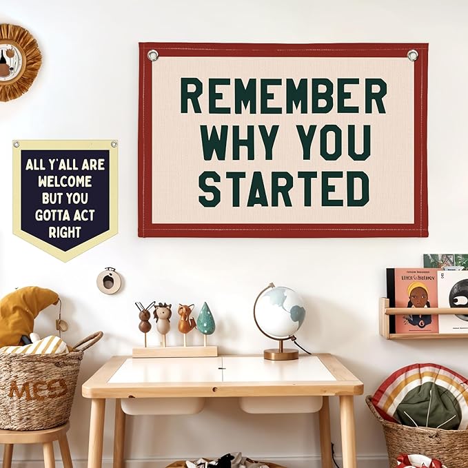 Lacama Inspirational Nursery Kids Room Wall Decor, Remember Why You Started Wall Hanging Canvas Banner, Vintage Motivational Pennant Flag Posters for Kids Boy Girl Bedroom Playroom Decor 30x20 Inch