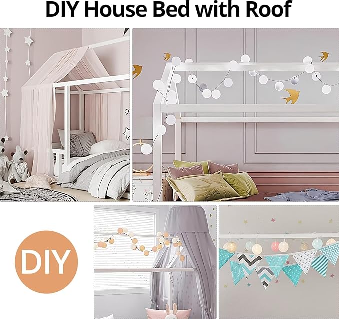LLS Queen Size Montessori Floor Bed Frame with Slats and Fence, Wooden House Bed for Boys Girls Bedroom, White