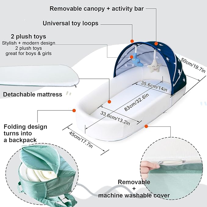 Large Portable Baby Lounger Nest-Travel Bassinet,Canopy & Mosquito Net-Lightweight Foldable Bassinet Lounger Cotton Cover & Supportive Mattress pad Washable Indoor-Outdoor Use,Blue