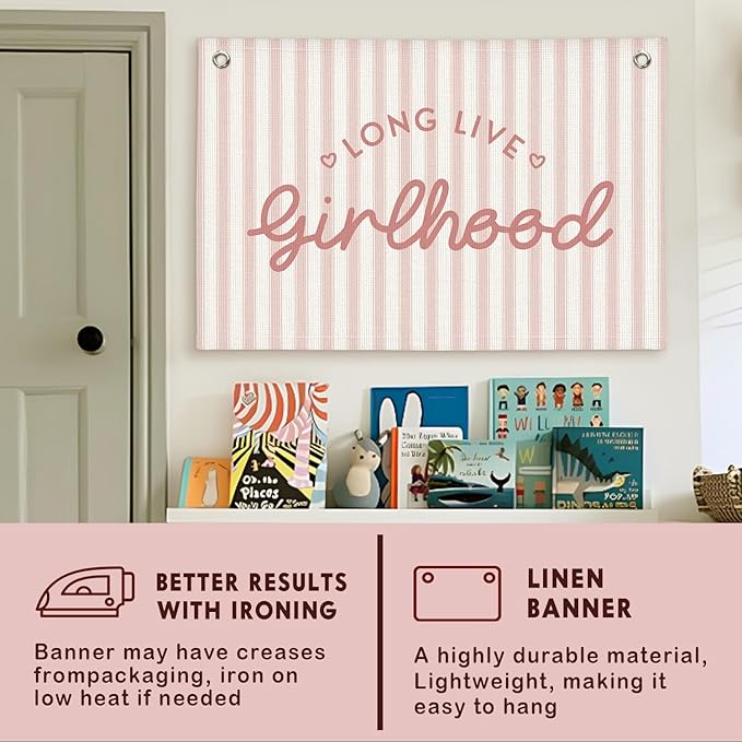 Lacama Long Live Girlhood Banner, Pink Linen Banners Wall Hanging Banner Flag Decor for Toddler Girls Room Nursery, Wall Hanging Flag 30x20 In