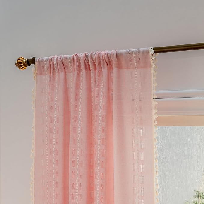 Deeprove Blush Pink Boho Curtain 72 inches Long for Living Room Bedroom Kitchen, Retro Bohemian Sheer Linen 72 inches Length 6 FT Striped Embroidery Privacy Window Tassel Decor W52 x L72, 1 Panel