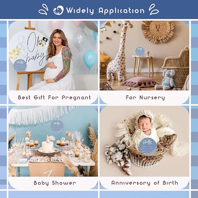 Baby Announcement Sign, 6.7 Inch Hello World Newborn Sign, Thickness Upgrade Birth Announcement Sign for Hospital, Nursery Baby Shower (Blue)