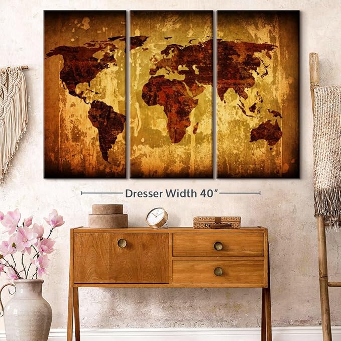 ElephantStock Vintage World Map Wall Art Multi Piece Canvas - 3 Piece Canvas World Map Wall Decor - Wall Decor - Ready-to-Hang Print - Vintage Wall Art - 57" X 36"