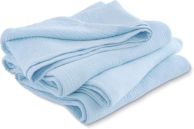 PHF 100% Cotton Muslin Blanket King Size 108"x90", 4-Layer Lightweight Gauze Throw, Breathable Cloud-Soft Minimalist Blanket for Bed, Couch, Camping & Baby, Sky Blue, Ideal Gift