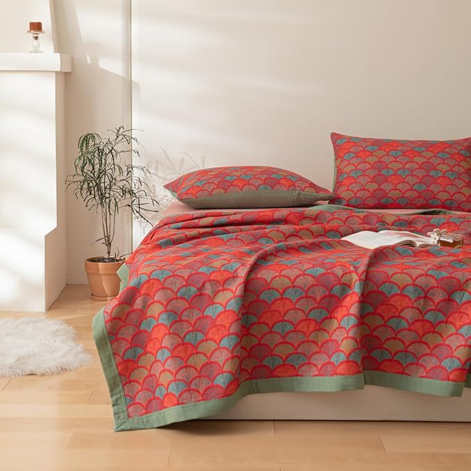 100% Cotton Muslin Blanket Jacquard Rustic Mermaid Fish Scales Quilt, Soft Bed Cover 3 Layers Reversible Bedspread Coverlet Breathable Lightweight Bedding Twin(59"x94"), No Pillow Sham