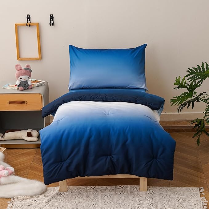 KAREVER Gradient Blue Toddler Bedding Set Ombre White Blue 4 Pieces Crib Bed Set Kids Comforter Set