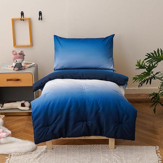 KAREVER Gradient Blue Toddler Bedding Set Ombre White Blue 4 Pieces Crib Bed Set Kids Comforter Set