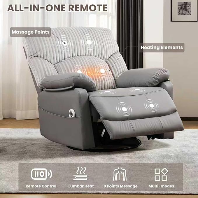 GRAINELL Swivel Rocker Recliner Chair with Massage and Heat, USB Charging Port, Infinite Position Power Recliner, Electric Glider Rocking Chairs for Living Room, Nursery (Grey)
