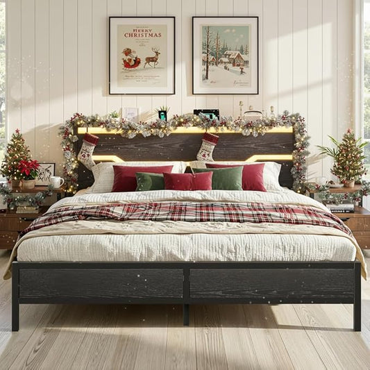 King Size Bed Frame with LED Lights & Charging Station, King Bed Frame and Headboard,13" Under Bed Storage, Noise-Free Heavy Duty Metal Support, Modern Black