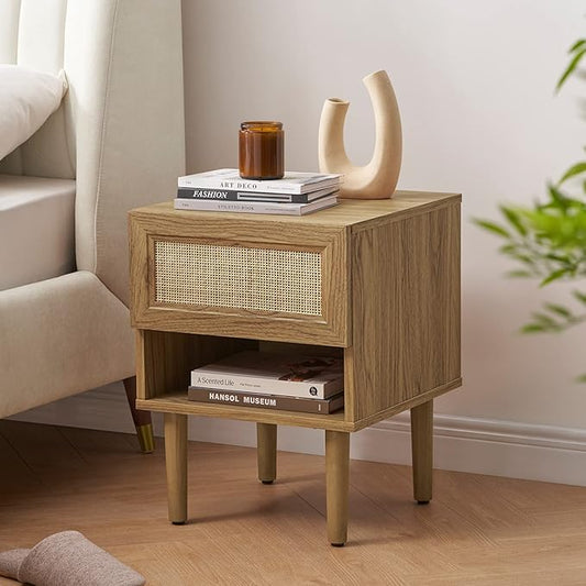 mopio Haylee Rattan Side Table, Small Accent Tables for Living Room, Mid Century Modern Night Stand, Bedside Tables, Wood Nightstands for Bedroom (Oak, Single)