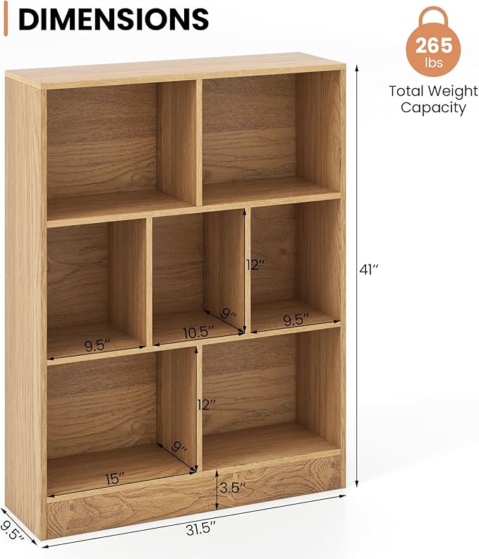Costzon 7-Cube Bookshelf for Kids, Wooden Toy Storage Organizer w/ 2 Anti-Toppling Kits, 3 Tier Open Shelves & Non-Slip Foot Pads, Montessori Toy Shelf for Kids Rooms, Playroom, Classroom, Nursery
