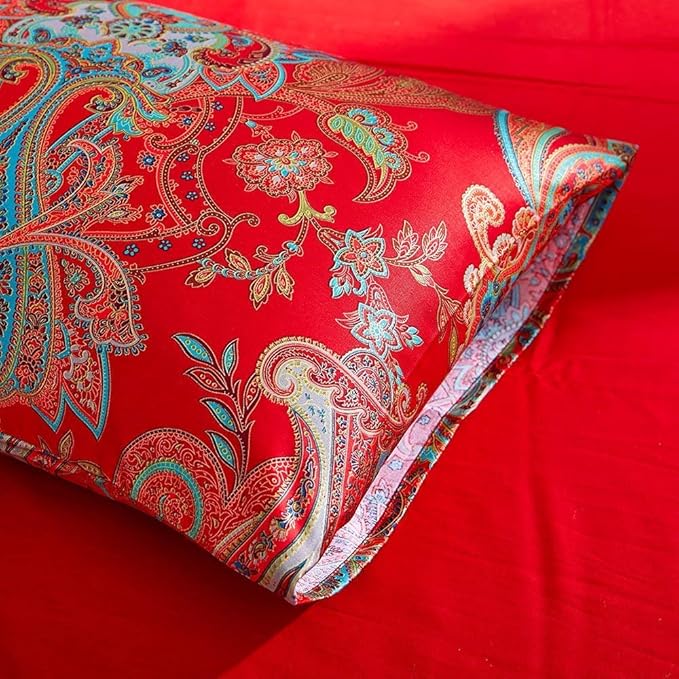 Floral Red Duvet Cover Queen Percale Long Staple Cotton Floral Comforter Cover Vintage Boho Paisley Duvet Cover Luxury Soft Jacquard Flower Bedding Set Farmhouse Floral Duvet Cover with 2 Pillowcases