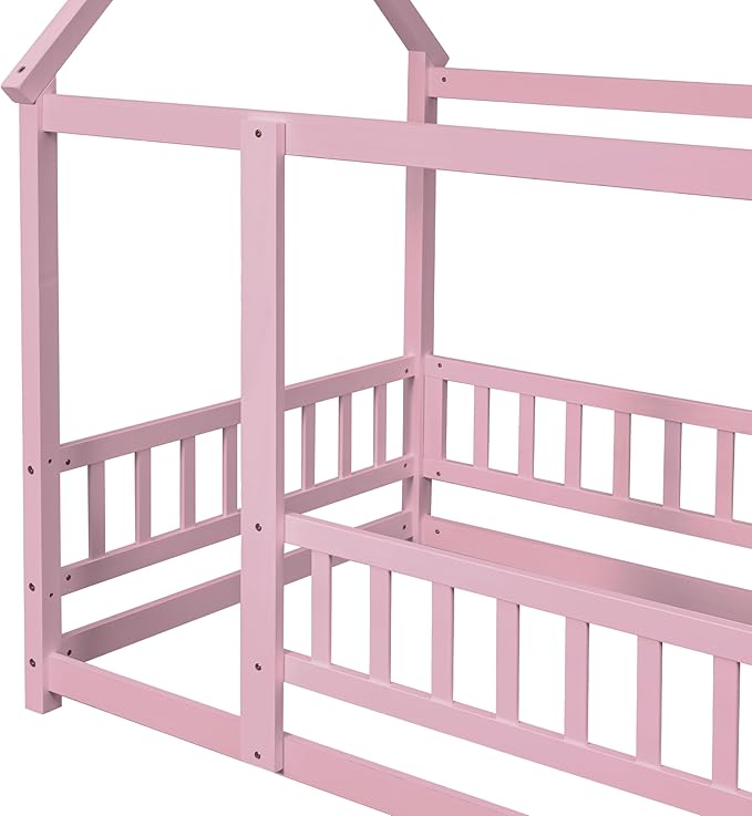 Twin Size House Bed Frame for Kids,Wooden Montessori Floor Bed with Fence and Roof,Floor Bed Frame Twin Size for Girls,Boys(Twin,Pink)