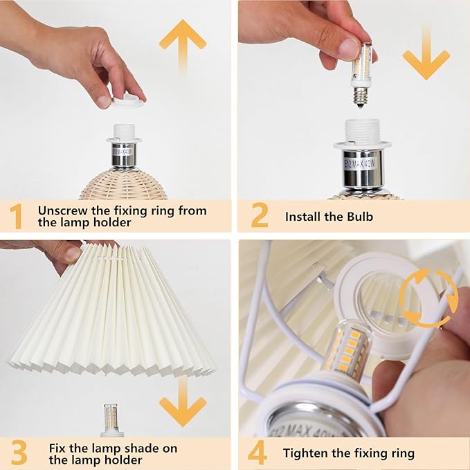 KUNJOULAM Pleated Table Lamp, Modern Bedside Nightstand Lamp with Beige Lampshade Rattan Metal Base, Desk Light for Bedroom Living Room Home Office Decor with E12 Bulb