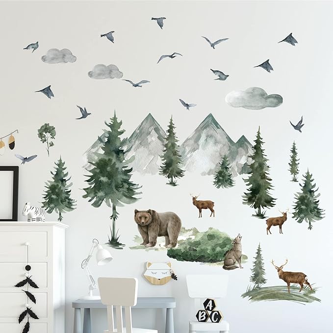 Woodland Nursery Wall Stickers Watercolor Mountain Tree Wall Decal Jungle Trees Animals Home Decals Sticker DIY Cartoon Deer Bear Wolf Forest Animal Home Sticker for Kids Room Bedroom Nursery Decor