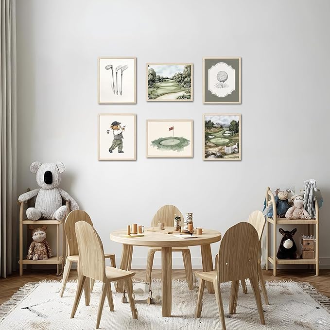 Mynotix Golf Nursery Canvas Poster Set of 6, Vintage Baby Boy Golf Sport Wall Art Teddy Bear Sage Green Kids Wall Decor Print for Living Room Bedroom Children's Room Unframed 8x10 inch