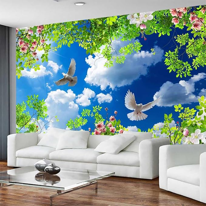 Green Plants Wrapped in Pigeons Flying Freely Under The Blue Sky and White Clouds Wallpaper for Large Background Wall murals(Non-self-Adhesive)