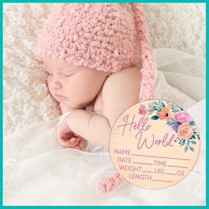 Hello World Newborn Sign - Baby Name Birth Announcement Plaque for Hospital - Photo Prop - Floral Pink Nursery Decor - Shower Gift