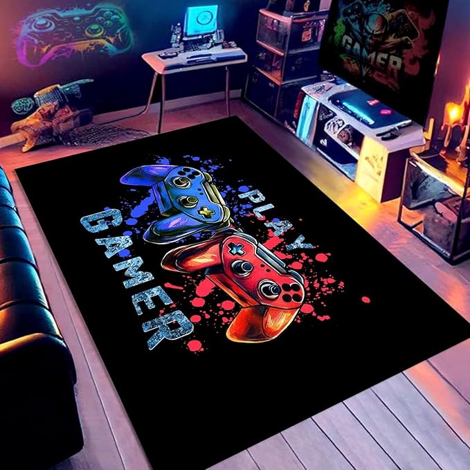 Game Console Gamepad Area Rugs,4x5ft,Play Gamin Decor Boys Bedroom Rug with Non-Slip Backing Large Washable Carpet for Living Room Playroom Gaming Chair Mat