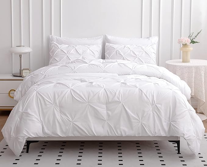 LANE LINEN Twin Comforter Set, 5 Piece Bedding Set, Pintuck Bed in a Bag, Bed Set with Sheets, Pillowcase & Sham, Bedding Comforter Sets - White