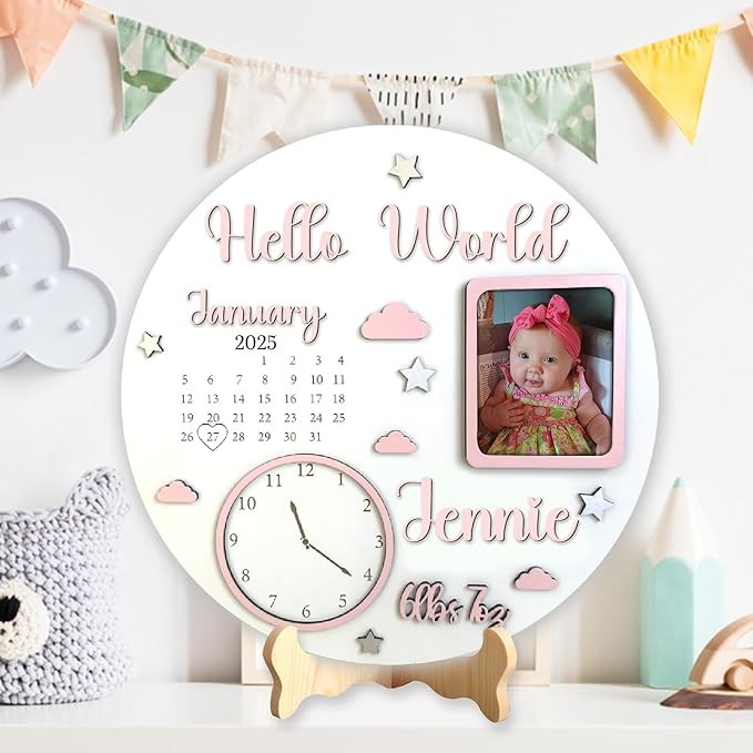 Personalized Newborn Photo Sign for Baby, Welcome Baby Sign, Newborn Gifts for Boys/Girls, Custom Start Birth with Photo Signs for Nursery Wall Bedroom Decorations, Gifts for New Mom Dad