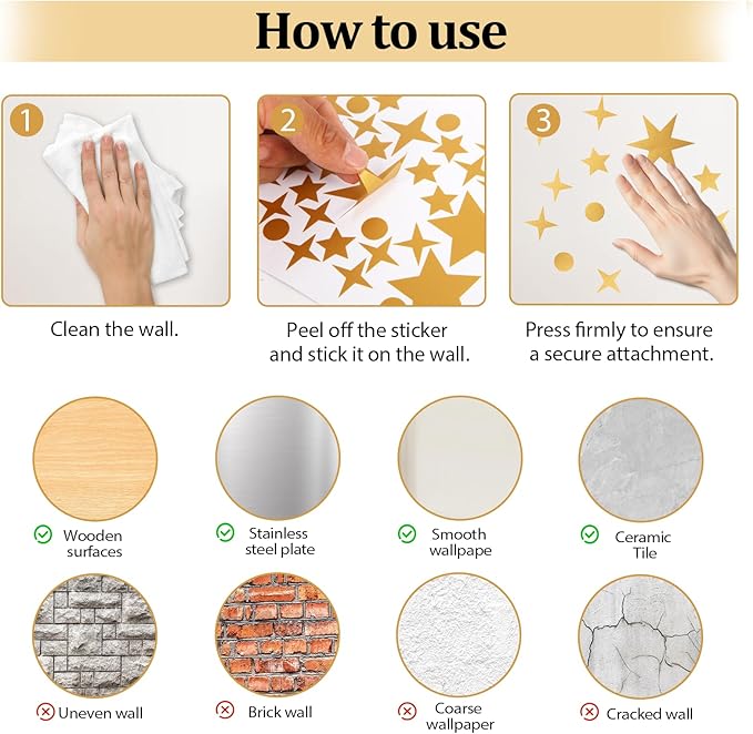 Vintage Gold Star Wall Stickers, 5 Sheets 210 Pcs Decals with Stars & Dots, Peel and Stick Wall Art Sticker, Removable Vinyl Star Wall Decor for Bedroom, Nursery, Ceiling, Party Decorations