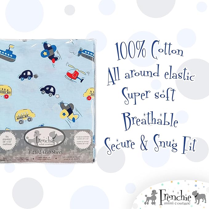 Frenchie Mini Couture, Fitted Crib Sheet Single, 100% Woven Cotton, Toddler Fitted Sheet, Fits Standard Size Baby Mattress 28 x 52 x 8in, Cars, Boats, & Planes (Light Blue)