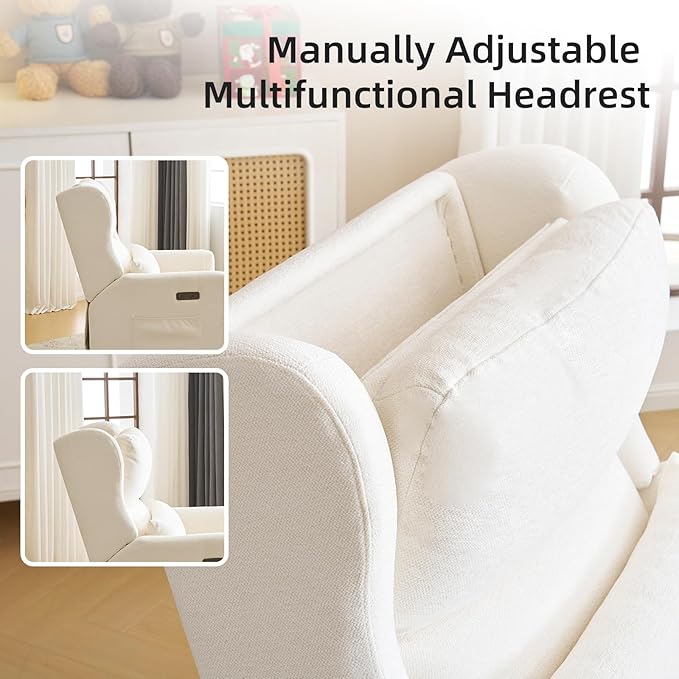 Oversized Swivel Rocker Recliner Chair, 26" Extra Wide Nursery Glider Recliner with Adjustable Headrest, Power Recliner Swivel Glider with Double Cushion, Cup Holder, White