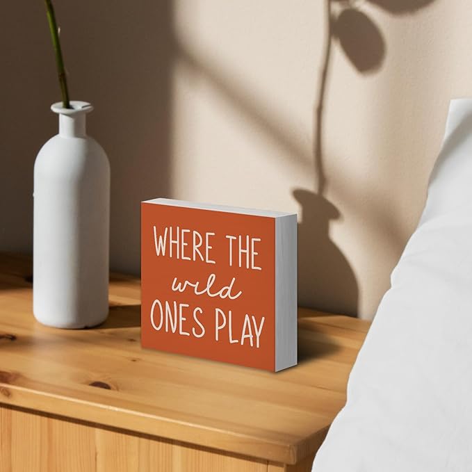 Where The Wild Ones Play Orange Wood Box Sign Desk Decor 5X5, Nursery Kids Room Wooden Block Sign Decorations for Playroom Toddler Boys Girls Room Wall Tabletop Shelf Decor
