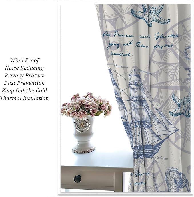 Nautical Sailboat Map Curtain,Ship Compass Lighthouse Anchor Decorative Curtain Polyester Fabric Waterproof Bedroom Curtain Set 2 Panels,42x45 Inches