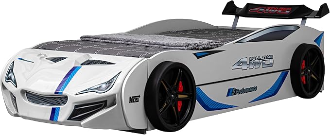 Furniture of America Redvers Modern Wood Twin-Size Kid Bed with Race Car Design and Pull-Out Trundle, No Box Spring Required for Toddler, Teens, Boys or Girls, White